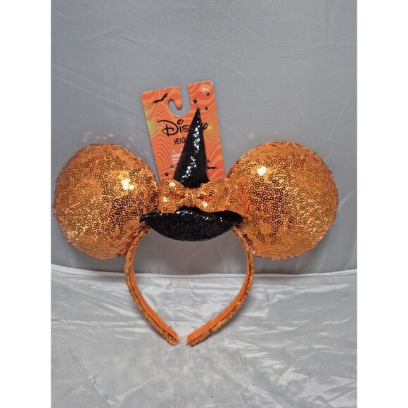 New Disney Minnie Mouse Ears Halloween Black Witch Hat Orange Sequin Headband - Picture 1 of 3
